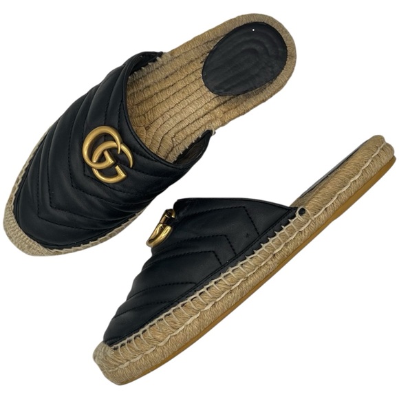 Gucci GG Marmont Black Nappa Matelasse Leather Espadrille Mules EU 37 US 7 - Picture 1 of 11
